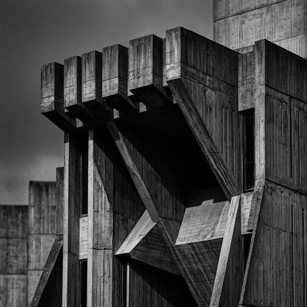 Brutalist concrete architectural fragment with sharp angles and shadows
